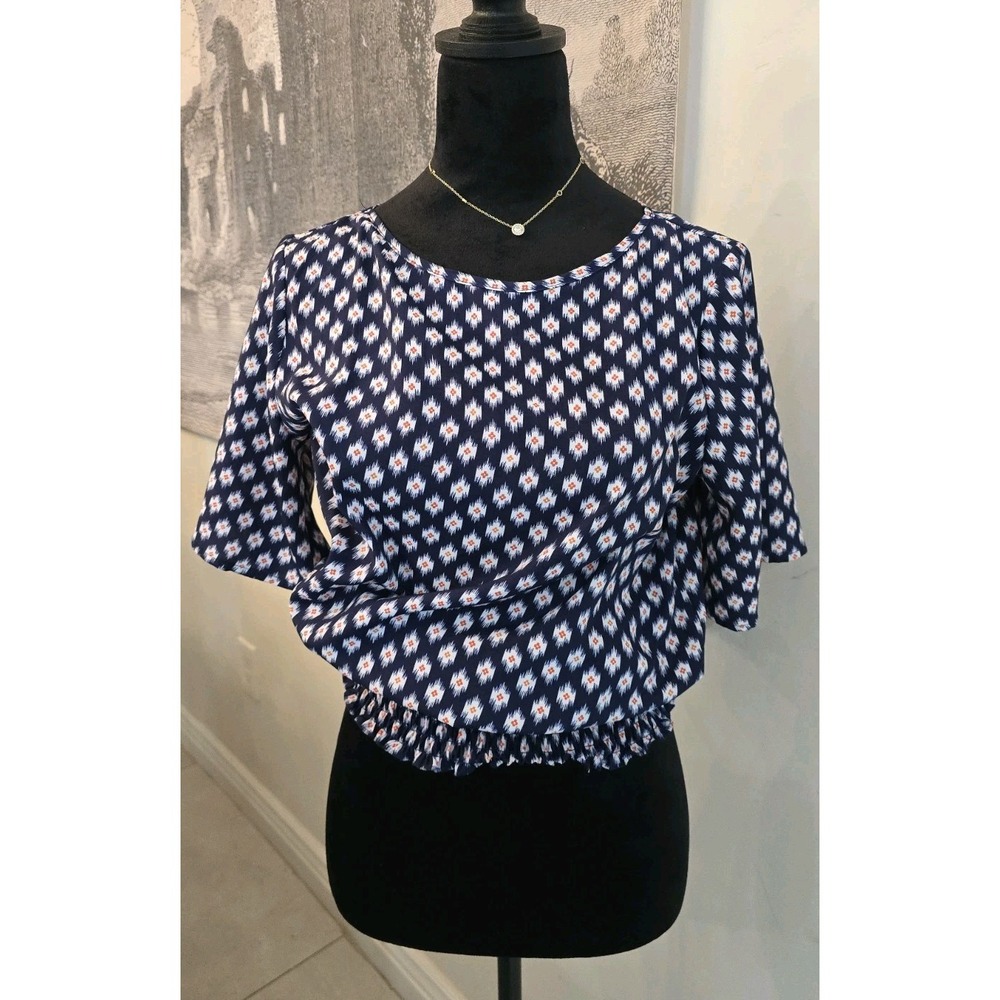 Michael‎ Kors Women's SZ XS Blue Blouse Short Sleeve Geo Print Cinched Waist